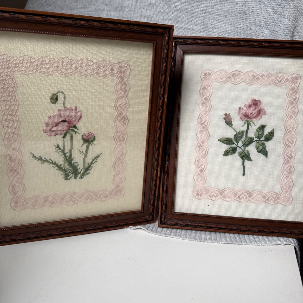Vintage Framed Cross Stitch Floral Wall Art Set 2 Pink Rose Poppy Botanical Wood